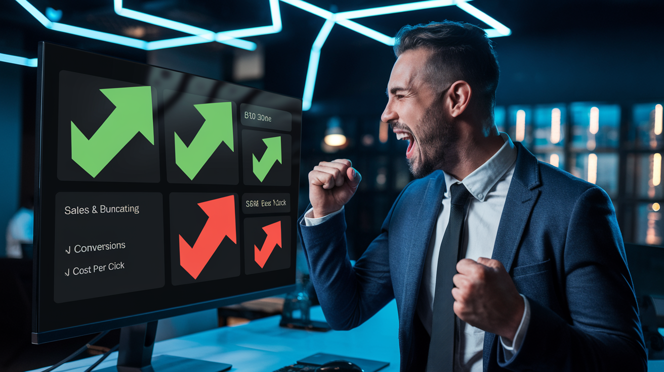 Marketer celebrating improved Google Ads performance and reduced costs